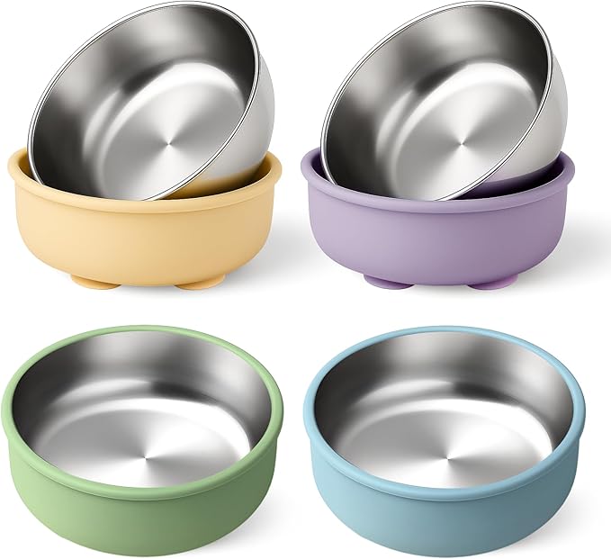 Mity rain 4-Pack Baby Bowls with Suction,Stainless Steel Toddler Bowl with Removable Silicone Shell, Non-Slip Unbreakable babies bowls with silicone suction & Kids Bowls for Baby Food Feeding