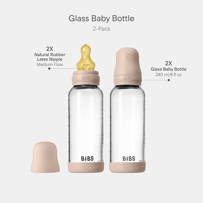 BIBS Glass Baby Bottles 2-Pack, 8.1 Oz. Anti-Colic System for Gas Reduction. Vented Round Natural Rubber Latex Nipple. Supports Infant and Newborn Breastfeeding - 240 ml (Pack of 2), Blush