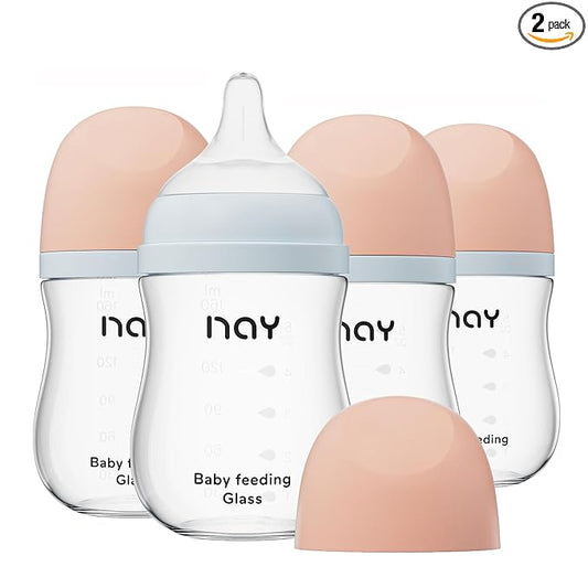yanyoyo Natural Glass Baby Bottle Wide Neck, Anti-Colic Baby Bottle, Clear, 5.4oz(Pack of 4), Includes 4Pcs Natural Response Nipple(S), 1 Months+