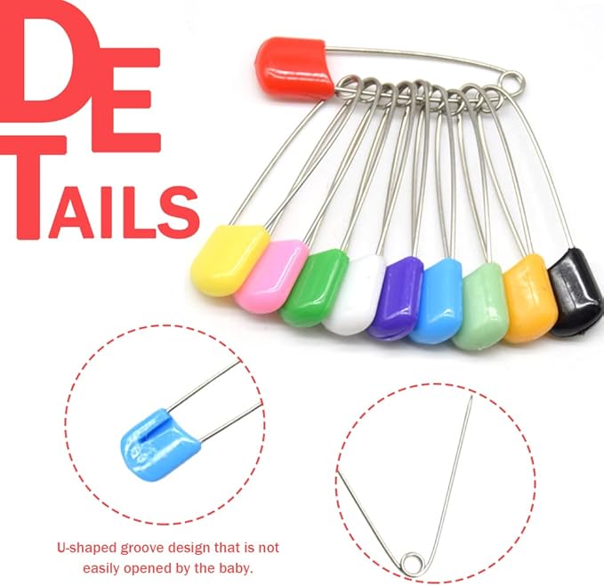 50 PCS Safety Pin 54mm/2.2in Baby Diaper Pins for Cloth Plastic Head Baby Pins for Diapers Stainless Steel Cloth Pins with Locking Closures Nappy Pin for Crafts（DT/Color）