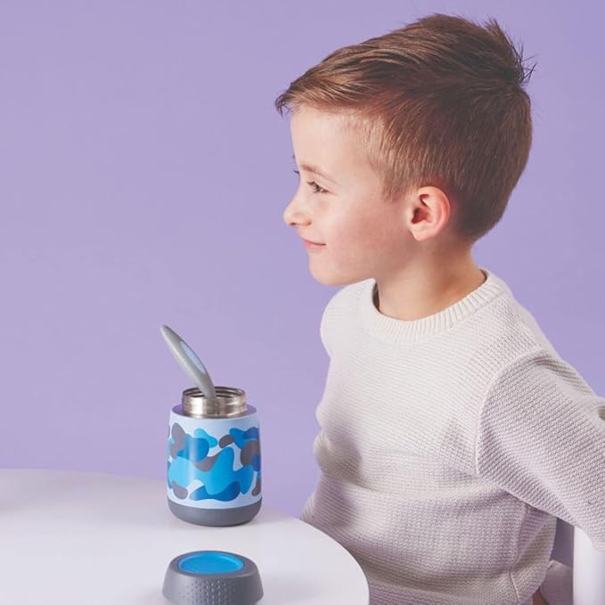 b.box Insulated Food Jar Mini | Small Snack Container for Babies and Kids | Double Wall Stainless Steel | Keeps Food Cold for 6hrs, Warm for 4hrs | (Blue Camouflage, 7 oz)