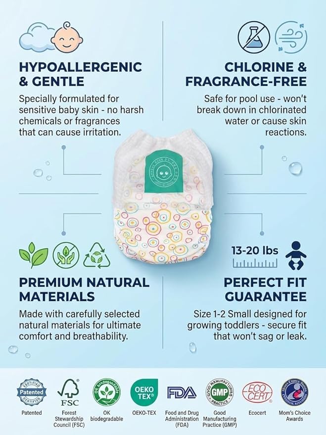 Little Toes Premium Natural Disposable Swim Diapers, Size 1–2 Small (13–20 lbs) (12 Count) | Baby Disposable Swim Diapers | Hypoallergenic, Chlorine & Fragrance-Free | Gentle on Sensitive Skin