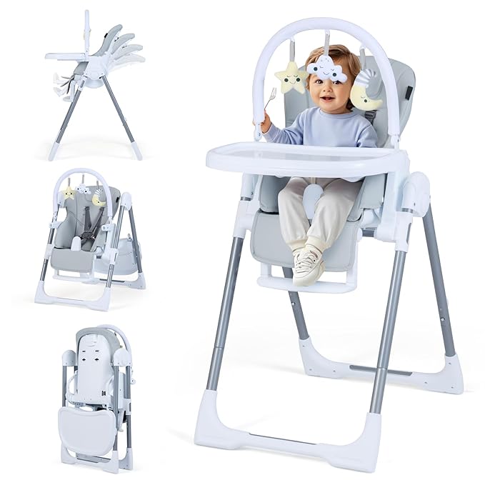 HONEY JOY Baby High Chair with Wheels, Foldable & Self-Stand Feeding Chair w/Toy Bar, Removable Cushion & Tray, Adjustable Heights & Recline Seat, Portable Highchair for Babies & Toddlers (Gray)