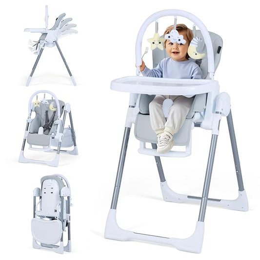 HONEY JOY Baby High Chair with Wheels, Foldable & Self-Stand Feeding Chair w/Toy Bar, Removable Cushion & Tray, Adjustable Heights & Recline Seat, Portable Highchair for Babies & Toddlers (Gray)