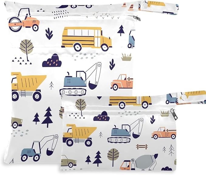 Cute Truck Excavator Wet Dry Bag for Baby Cloth Diaper Waterproof Reusable Travel Wet Bag with Two Zippered Pockets for Swimsuits, 2 Pcs