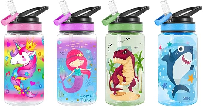15oz Water Bottle for Kids Girls Boys School, BPA Free, Leak Proof Flip Straw, Carry Loop, Easy Clean - Unicorn