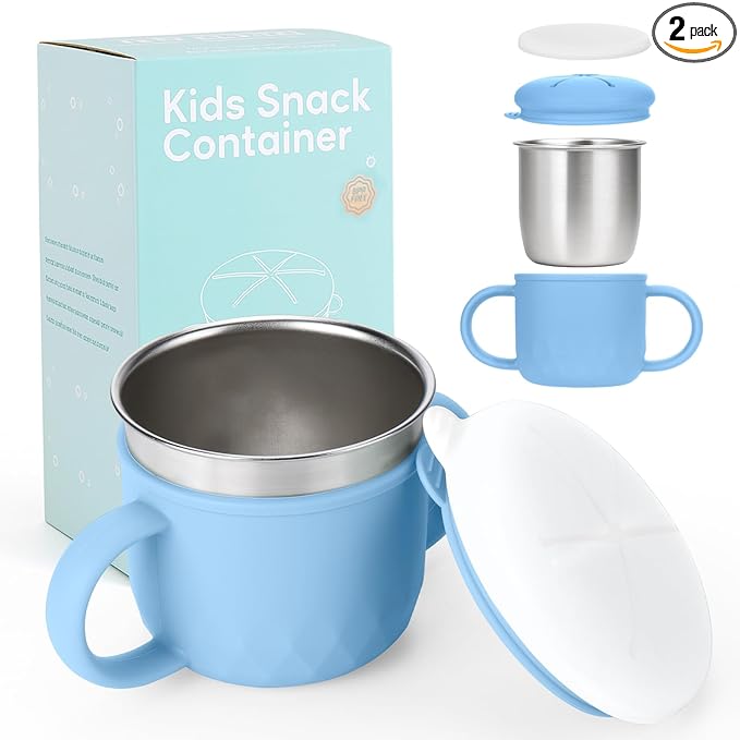 Toddler Snack Containers Stainless Steel Spill-Proof Snack Containers for Toddlers with Spill-Proof Silicone Lids and Handles 4-in-1 Baby Snack Cup is Dishwasher Safe for Easy use On The Go（Blue）