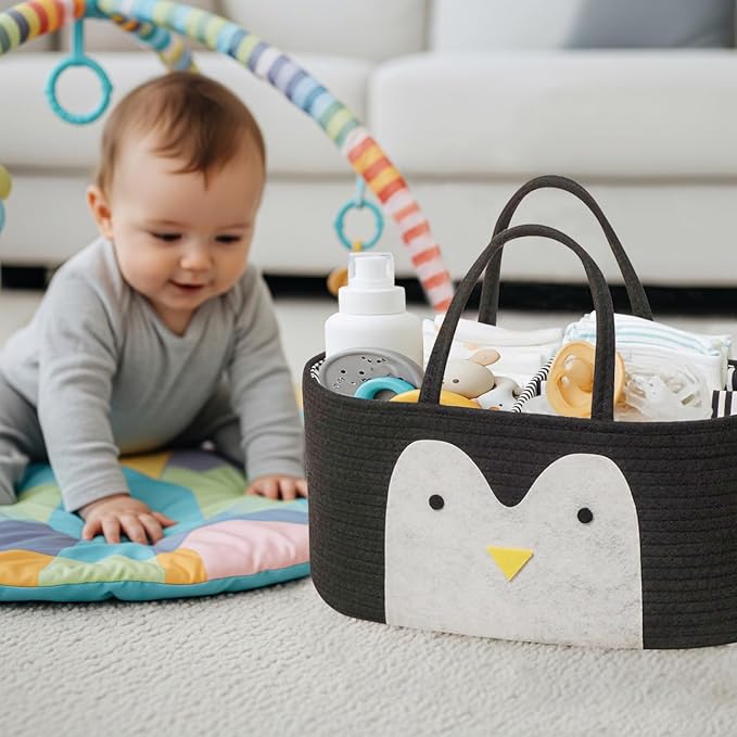 T&T Homewares Diaper Caddy Organizer, Cotton Rope Diaper Caddy Basket, Baby Shower Basket, Nursery Storage Bins, Newborn Caddie- Cat, Fox, Penguin (Black Penguin)