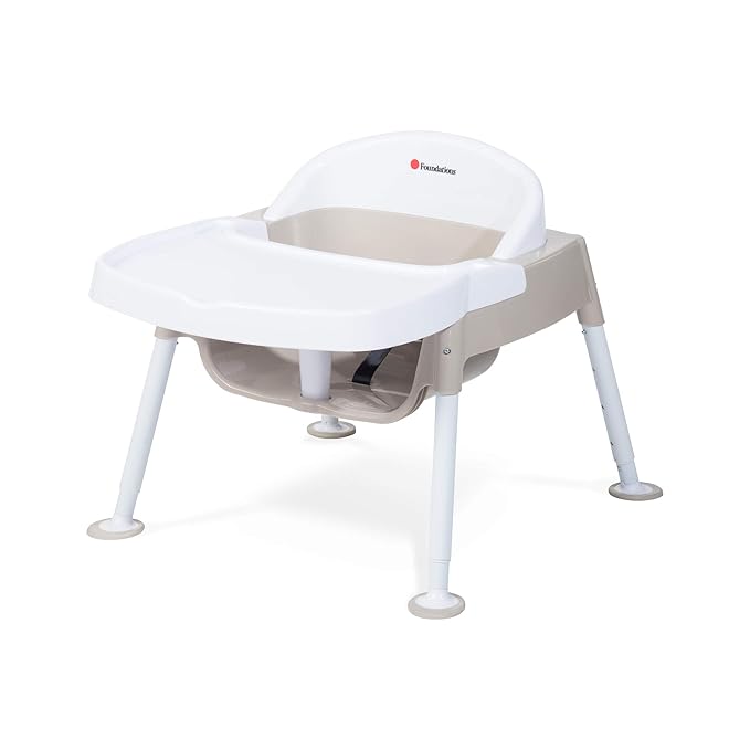 Foundations Secure Sitter 7-13" Adjustable Height Feeding Chair, 1 Pack, Stable “No Tip” Feet, 3-Point Adjustable Harness, Removable Tray, Easy to Clean, Smooth Plastic, White/Tan
