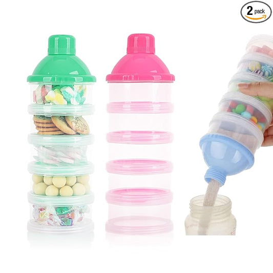 2 PCS 5 Layers Baby Milk Powder Dispenser, Milk Powder Pots, Formula Dispenser Portable Milk Powder Formula Dispenser Container Pot Box Milk Cans Snack Storage Box for Travel (Pink + Green)