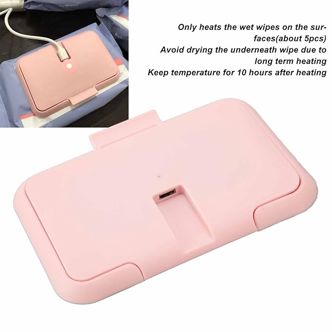 Baby Wipe Warmer, Baby Wet Wipes Dispenser, Travel Holder Refillable Ultra Thin USB Heating Wipe Case, Keep Constant Temperature, Large Capacity, Newborn Essentials, Pink