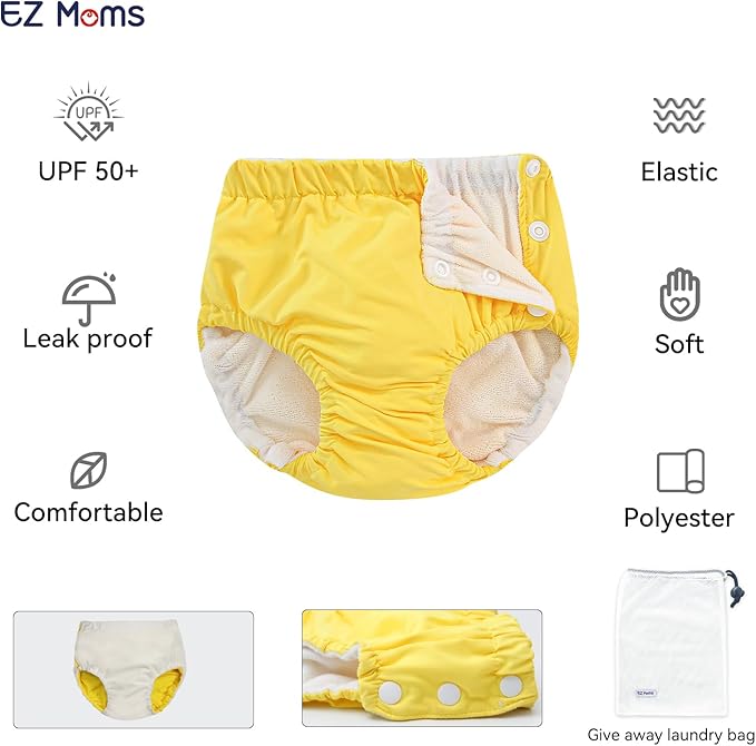 EZ Moms 2 Packs Reusable Swim Diapers Toddler Baby Swim Diaper Size 4 Washable Snap Pool Swimming Diaper 4T Soft and Silky Waterproof Diapers for Swimming Lessons Boys and Girls with a Laundry Bag