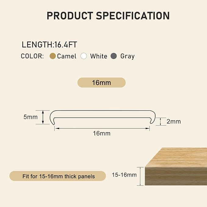 16.4ft U-Shape Edge Banding, HeiPen Self Adhesive Rubber Edge Trim, TPE Flexible Furniture Edge Protector for Wood Veneer Cabinet Repair Furniture Restoration (16mm, White, 1)