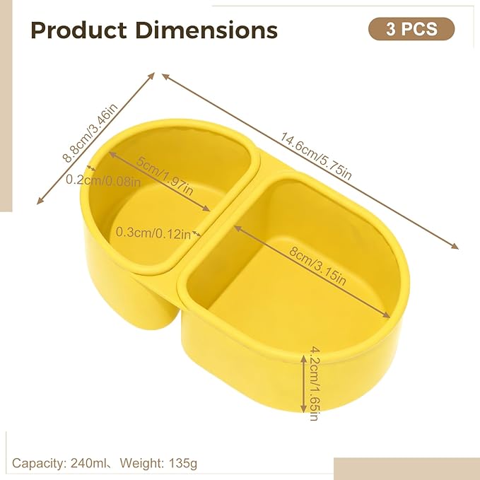 3 Pcs Silicone Double Compartment Snack Containers with Lids, 5.7 x 3.5 x 1.7 in Mini Food Storage Box, Portable Snackle Box for Condiments, Pink, Yellow, Green