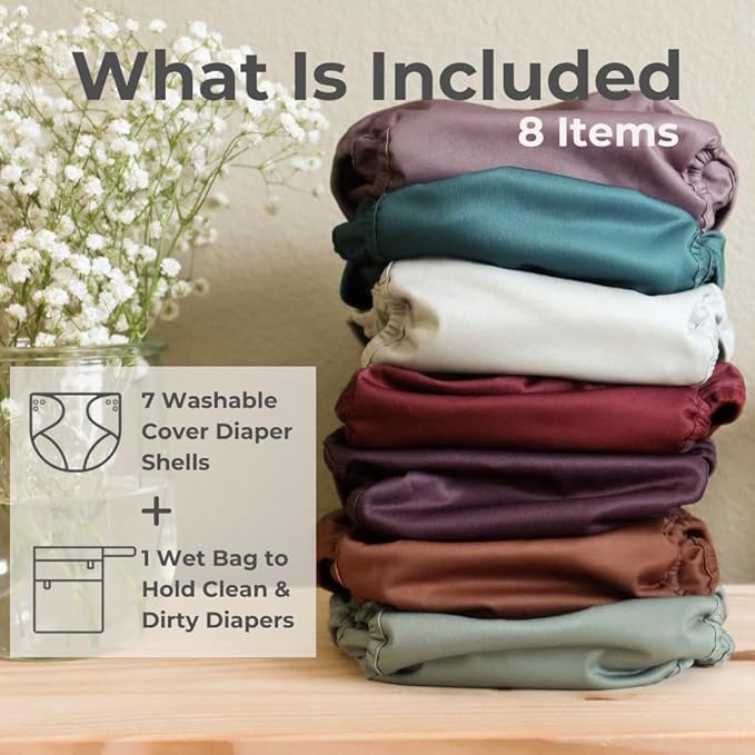 Nora's Nursery Cloth Diaper Cover, Washable Reusable Diaper Cover with Snap Closure, Flat or Fitted - 7 Pack with Wet Bag - Hickory