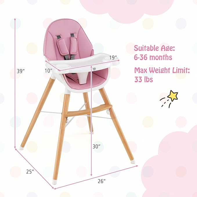 BABY JOY Baby High Chair, Wooden High Chair for Babies & Toddlers with Dishwasher Safe Double Removable Tray, Infant Feeding Chair with 5-Point Safety Harness & Detachable PU Seat Cushion (Pink)