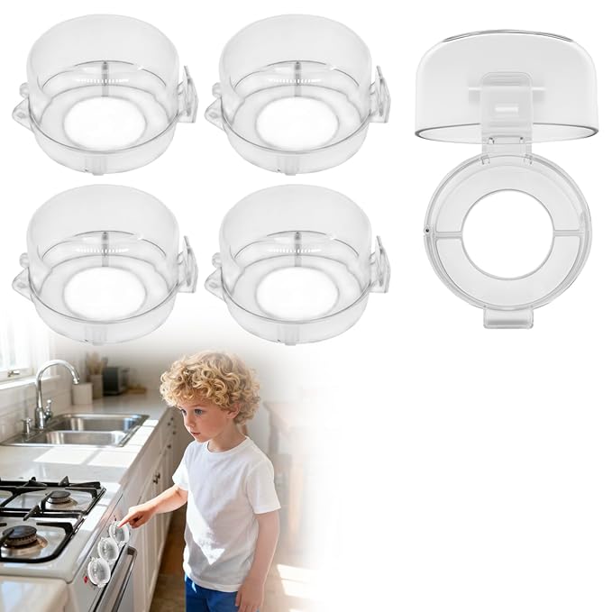 Stove Knob Covers for Child Safety, 5 Pack White Gas Stove Protector, Baby Proof Kitchen Knob Guards, Heat Resistant Clear Stove Knob Covers, Easy Install Universal Design