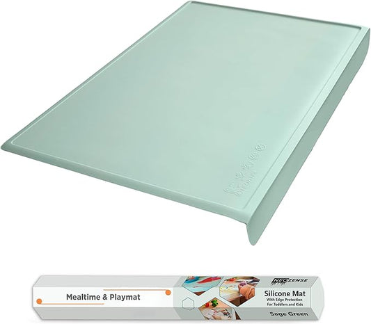 Silicone Placemats for Toddlers & Kids with Angle-Protective Safety Edge – Baby Placemats for Restaurants & Dining Table – Non-Slip & BPA-Free Food Mat – 1.5mm Thick, 18"x12", Sage Green