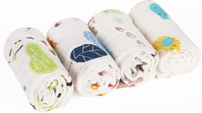 Baby Muslin Burp Cloths, 100% Cotton Burping Cloths Super Absorbent Soft, Bath Towel Burp Cloths for Baby Girl Boy, Great Gift for Newborn, 10 x 20 inch, 4 Pack, Fox & Whale
