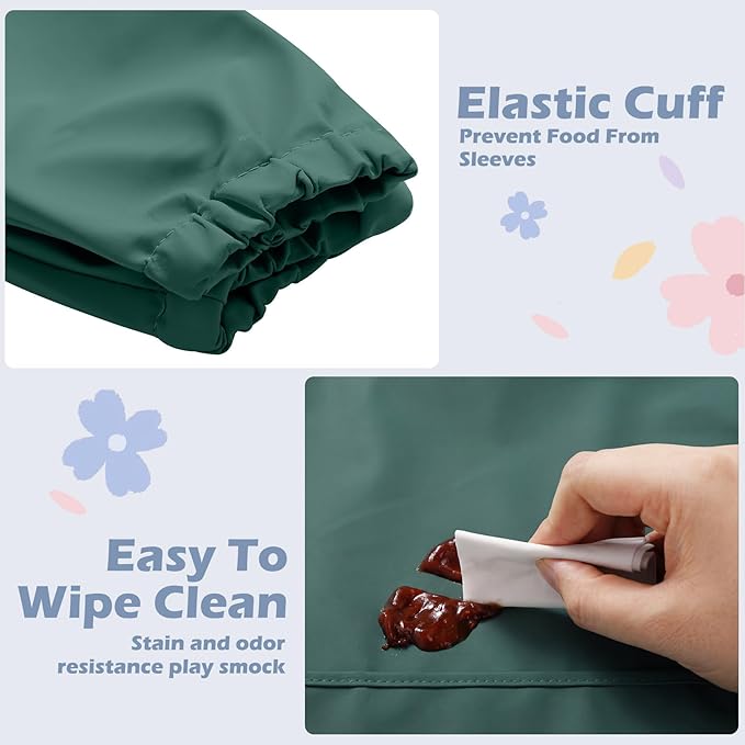 JaGely 4 Pack Long Sleeve Baby Bibs Waterproof Smock Bid with Elastic Cuffs Large Pocket for Baby Eating Feeding 6-36 Months
