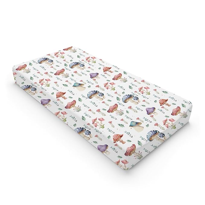 Watercolor Mushroom Forest Changing Pad Covers Colorful Mushroom Floral Leaves Baby Diaper Change Table Sheets for Boy Girl Fantasy Soft Breathable Stretch Changing Pad Table Mats 32''x16''
