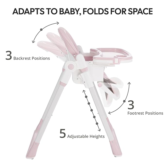 Sunchild 3-in-1 Baby High Chair with Wheels, 5-Point Harness, Tray, Footrest, and Backrest, Foldable and Adjustable for Toddlers 6-36 Months, Pink