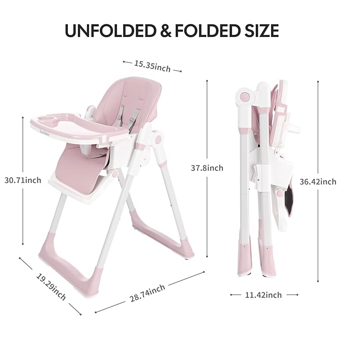 Sunchild 3-in-1 Baby High Chair with Wheels, 5-Point Harness, Tray, Footrest, and Backrest, Foldable and Adjustable for Toddlers 6-36 Months, Pink