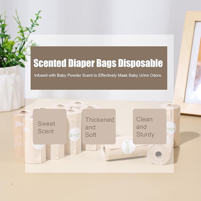 USBOO Diaper Bags Disposable for Baby, Biodegradeable Dirty Diaper Bags (8 Refill Rolls/120 Bags) with Dispenser, Leak Proof Diaper Trash Bags, Baby Poop Bags, Lavender Scent