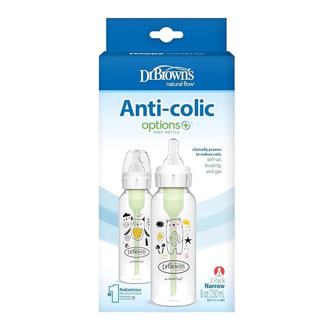 Dr. Brown's Natural Flow Anti-Colic Options+ Narrow Baby Bottle, 8 oz/250 mL, with Level 1 Slow Flow Nipple, BPA Free, 0m+, Squirrel, Goat, Bear, Owl, 4-Pack