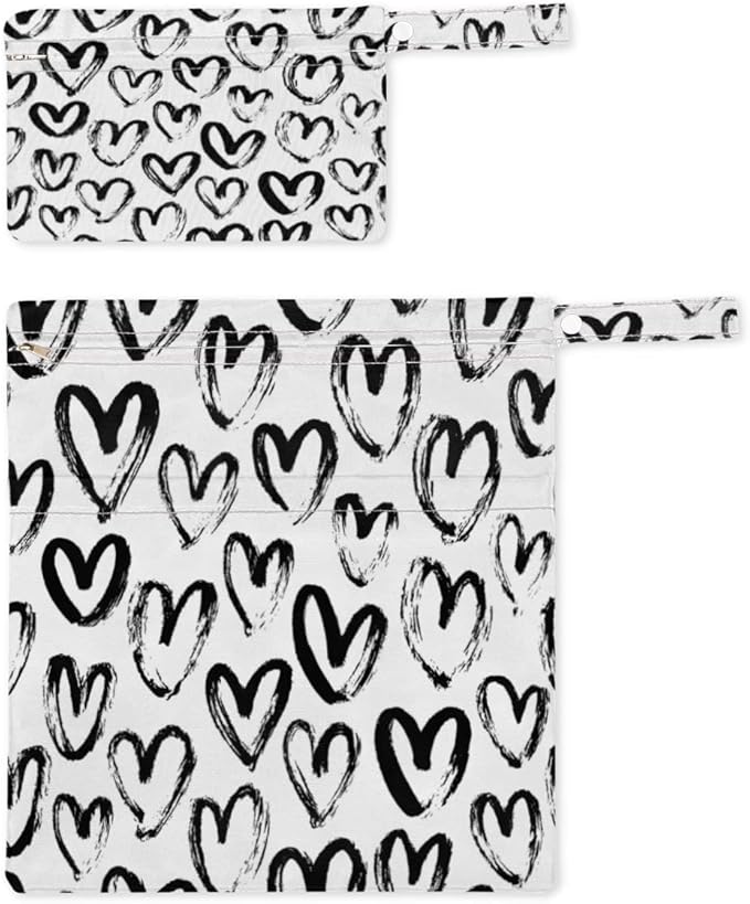 Wet Dry Bags Hearts Waterproof Wet Bag Black and White Reusable Bags for Swimsuits Cloth Diapers Beach Pool Gym Travel Baby Item 2 Pcs