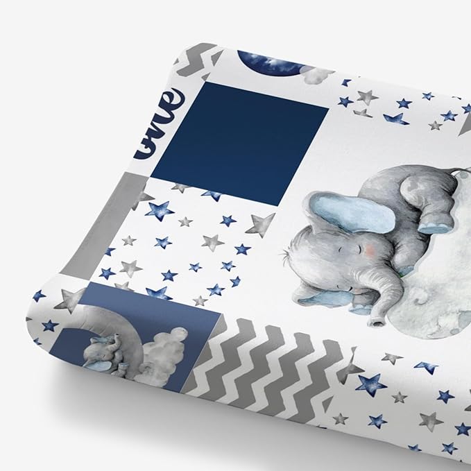 HawSkgFub Sleeping Elephant Stars Changing Pad Cover for Baby Boys Navy Blue, Dream Big Little One Diaper Change Table Covers, Soft Stretchy Safe Snug Fitted Changing Mat Sheets Fit 32"/34" x 16"