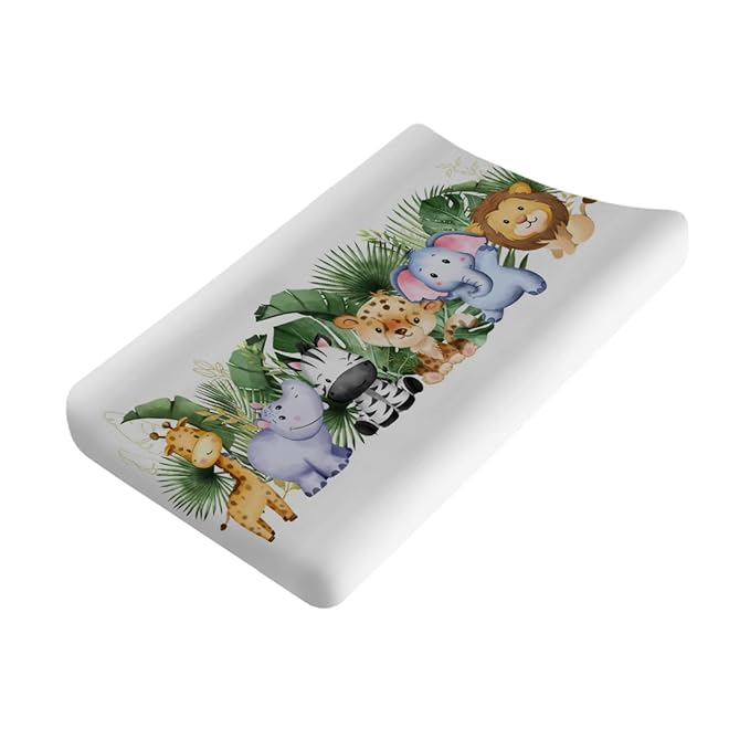 Changing Pad Covers Jungle Safari Animals Tropical Leaves Flowers Unisex Diaper Change Table Sheets for Boys Girls Ultra Soft Breathable Stretchy Snug Fitted Baby Diaper Changing Cover 32''x16''