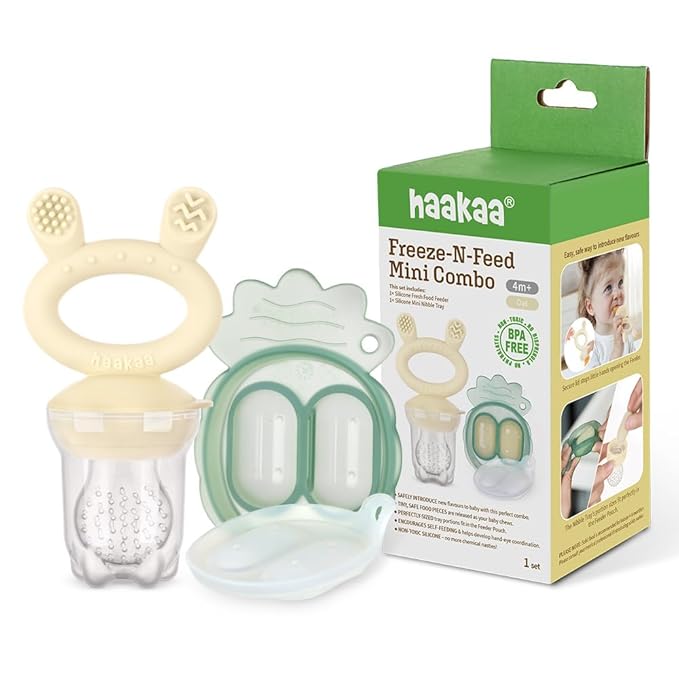 Haakaa Freeze-N-Feed Mini Combo – Baby Feeder – Silicone Nibble Tray – Breastmilk Popsicle Mold - Ideal for Self-Feeding & Teething Relief – 100% Food-Grade Silicone (Oat)
