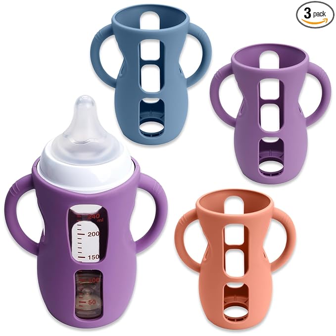 3 Pack Silicone Sleeves with Handle for Avent Baby Bottles,Drop Protection Baby Bottle Sleeves are Used for Philips Avent Glass Natural Baby Bottle 8 oz