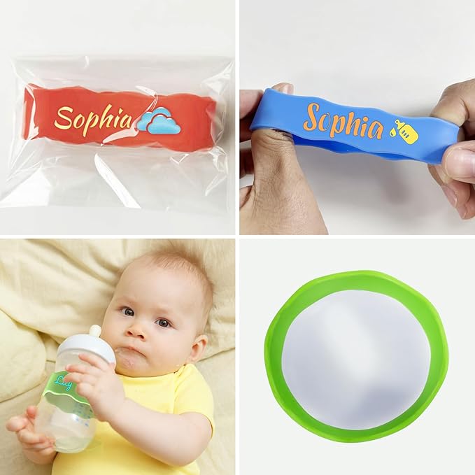 2 Pcs Personalized Water Bottle Name Bands, Reusable Bottle Labels, Cute Bottle Tag Washable Sippy Cup Strap Non-Slip Silicone Daycare Labels Gifts