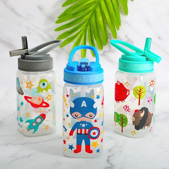 15oz Kids Water Drinking Bottle - BPA Free, Wide Mouth, Flip Sip Top, Easy Open, Lightweight, Leak-Proof Water Bottle with Cute Design For Girls & Boys - 3 Pack Animal & Hero & Space