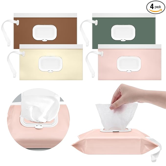 4 Pack Baby Wipes Dispenser [New Version-One Press Open],Portable Wipe Pouch,Refillable Wipe Holder, Baby Wipes Container Reusable Wet Wipes Bags Pouch for Travel (C)