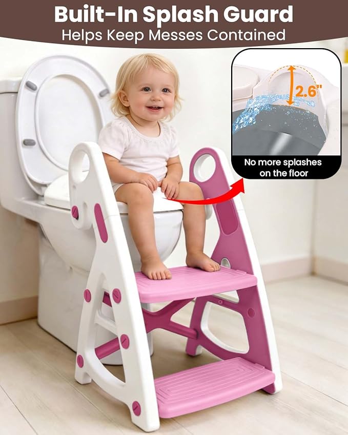 Potty Training Seat, Primlect Upgrade Ultra-Stable Toddler Toilet Seat for Kids Boys Girls, 2 in 1 Potty Training Toilet with Step Stool, Adjustable Seat and Ladder, Non-Slip Pad, Splash Guard(Pink)
