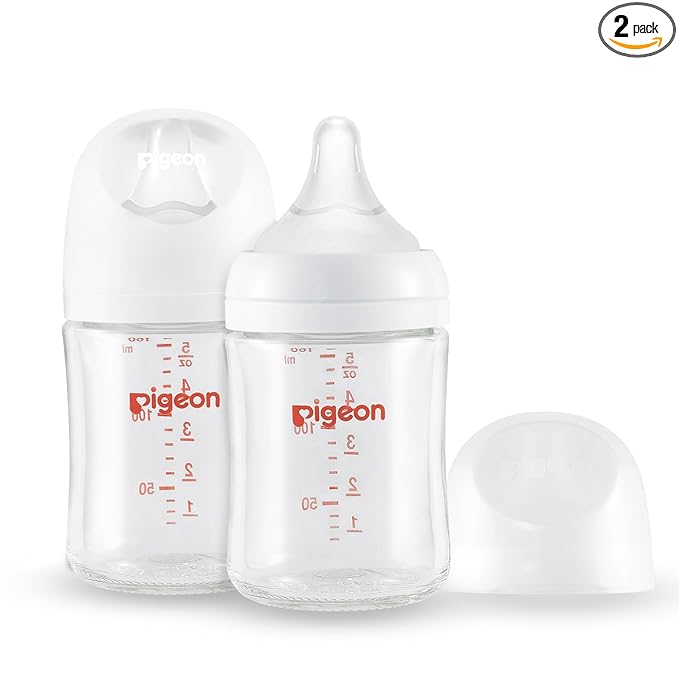 Pigeon Glass Nursing Bottle Wide Neck, Anti-Colic, Streamlined Body, Natural Feel, Easy to Clean, Heat-Resistant, 5.4 Oz (Pack of 2), Includes 2pcs SS Nipples (0m+)