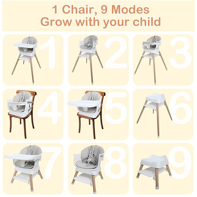 9 in 1 Convertible Baby High Chair with Booster Seat, Wooden Highchair for Babies and Toddlers with Removable Tray & 5-Point Harness, Multi-Functional Growing Seat for Feeding, Learning & Play, Gray