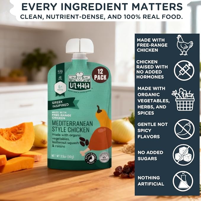 Li’l Hala Baby Food Chicken Pouch | Mediterranean (12ct) | 6+ Months Baby Food Pouches with Protein and Organic Veggies, Nutrient Packed Toddler Snacks with Iron & Fiber | Stage 2 Baby Food Meat Puree