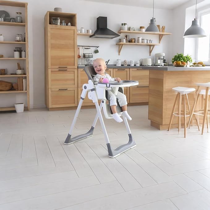 Cochildor 3-in-1 Foldable High Chair for Babies & Toddlers – Adjustable Height, Reclining Seat, 5-Point Safety Harness, Removable Tray, Lockable Wheels, Washable Cushion – Portable & Easy Clean, Gray