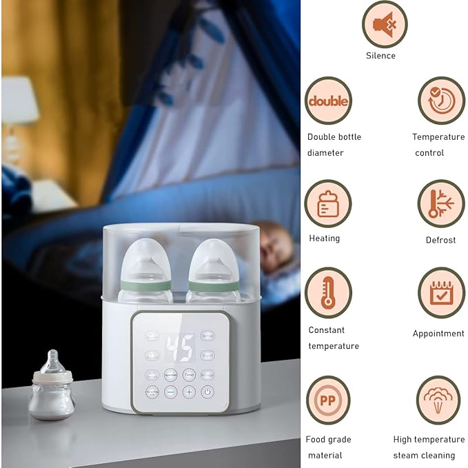 Baby Bottle Warmer, Fast Baby Food Heater Defrost BPA-Free Warmer Accurate Temperature Control for Breastmilk or Formula，9-in-1 Double Fast Warmer Bottle for Babies