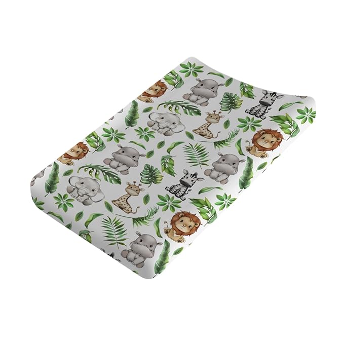 Tropical Jungle Safari Animals Leaves Changing Pad Covers Elephant Giraffe Zebra Lion Hippo Diaper Change Table Sheets for Girls Boys Soft Stretchy Snug Fitted Changing Mats Cover 32''x16''