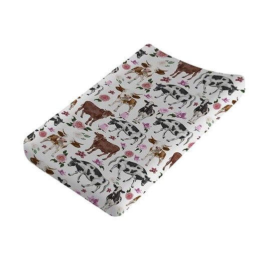 Cows Boho Retro Floral Changing Pad Covers Watercolor Farm Cow Flowers Diaper Change Table Sheets for Boys Girls Soft Stretch Changing Table Mats Sheets 32''x16''