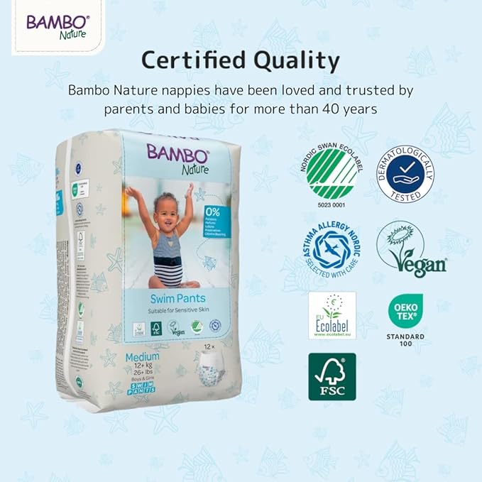 Bambo Nature Hypoallergenic Swim Pants, Eco-Labeled Swim Diapers, Double Leak Barriers - Medium (120 Count)