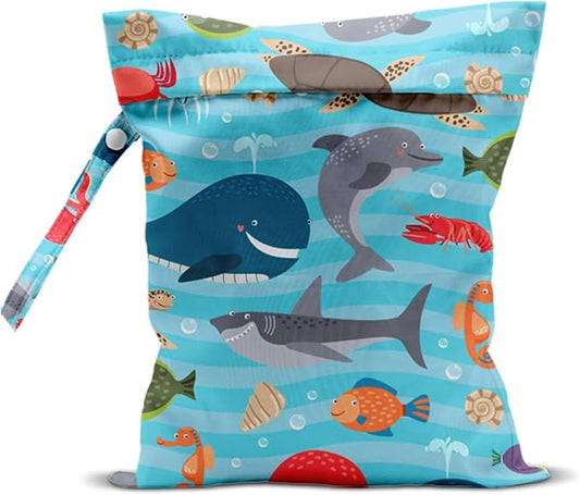Wet Bag, Wet Dry Bag, Waterproof Swim Bags, Machine Washable Reusable Bags for Beach, Pool, Diapers, and Dirty Yoga Gym Clothes(Large Ocean Animals Cartoon Print