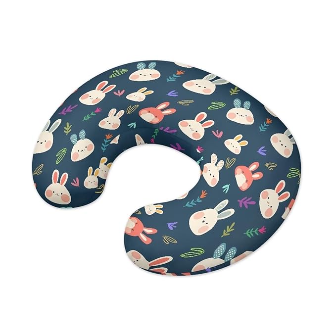 Cartoon Rabbit Nursing Pillow Cover Girls, Hand Draw Bunny Plant Leaves Baby Breastfeeding Infant Newborn Pillowcase Nursing Pillow Modern Botanical Original Support Cover