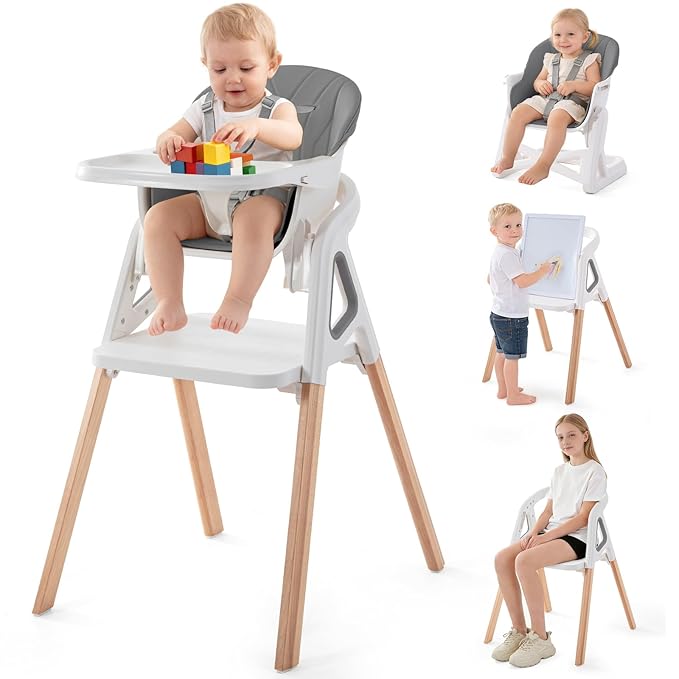 Baby High Chair, 4 in 1 Wooden Convertible High Chair for Babies and Toddlers with Erase Board, Highchair for Baby & Toddler, 5-Point Safety Belt & Waterproof PU Cushion (Grey)