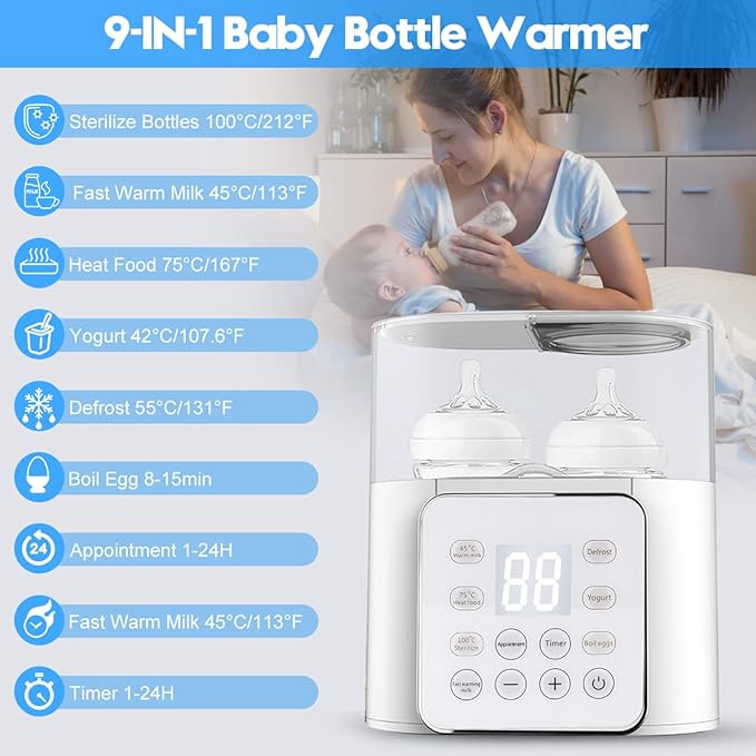 Baby Bottle Warmer, 9-in-1 Fast Baby Food Heater, Baby Breast Milk Formula Warmer for Twins, 24H Temperature Control